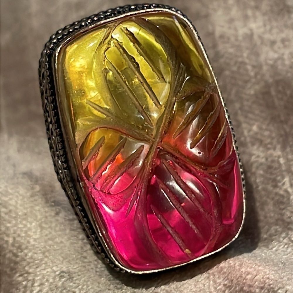 Pink and Yellow Bi-Color Tourmaline Carved Floral Ring Size 6.25
